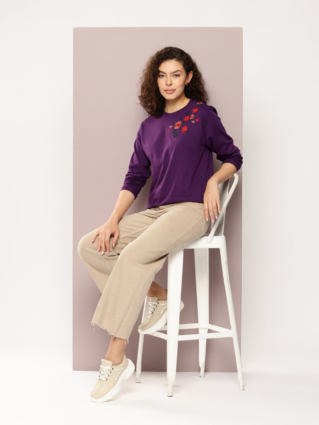 Womens Full Sleeve Round Neck Embroidered Oversized Fit Tshirts