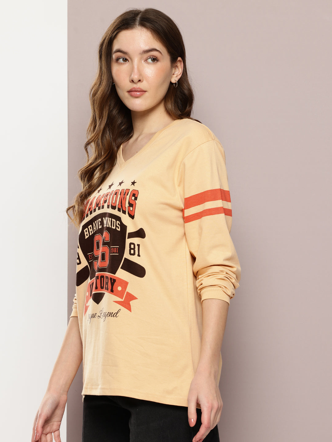Womens Full Sleeve Round Neck Printed Oversized Fit Tshirts