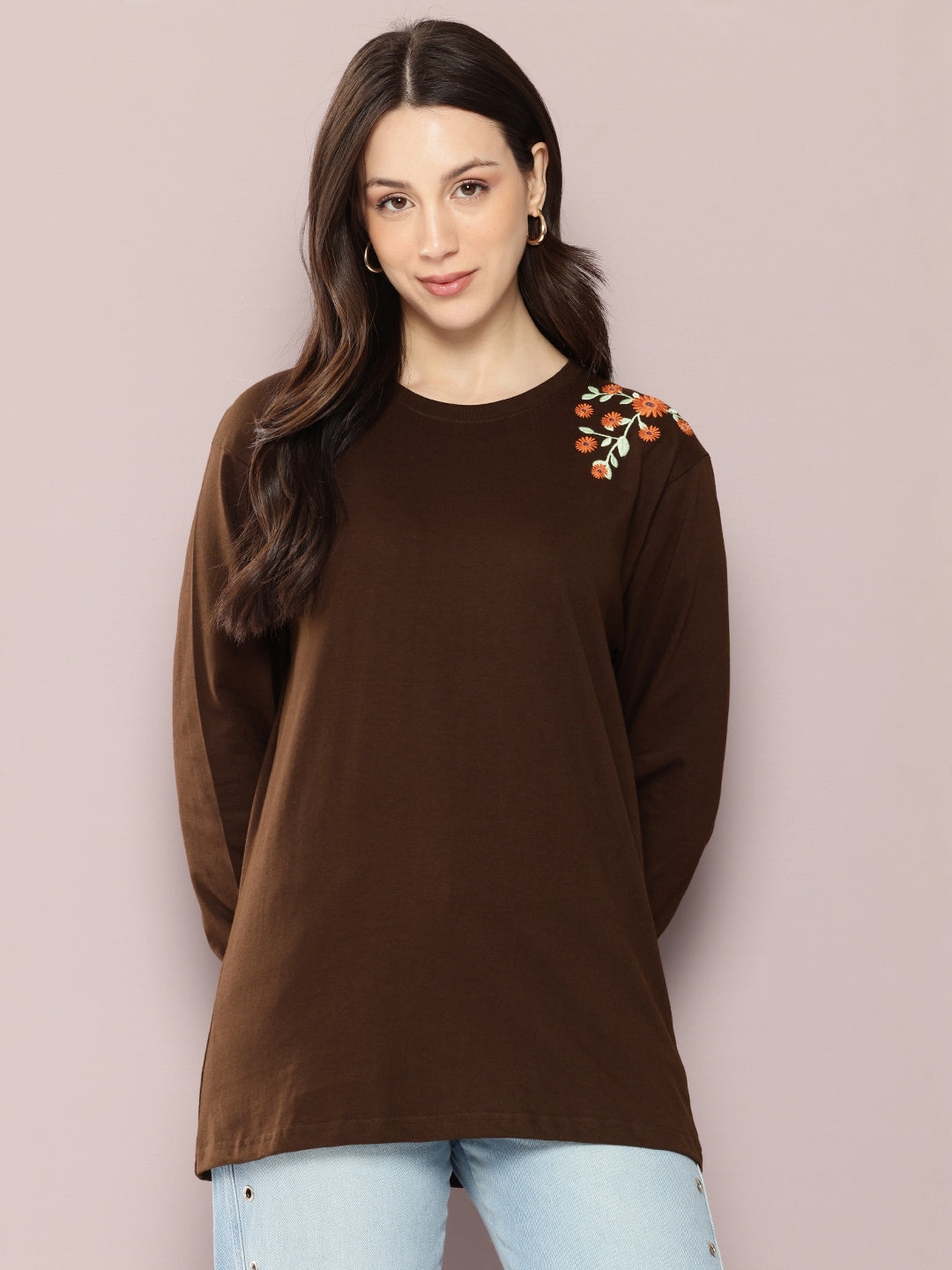 Womens Full Sleeve Round Neck Embroidered Oversized Fit Tshirts