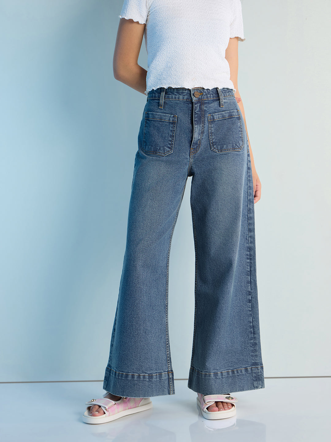 Womens Wide Leg Patch Pocket Denim Jeans Pant