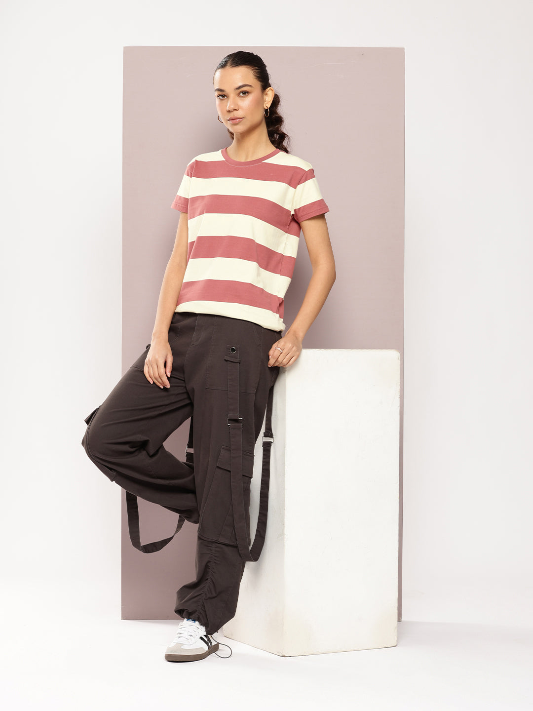 Womens Half Sleeve Round Neck Striped Regular Fit Tshirts