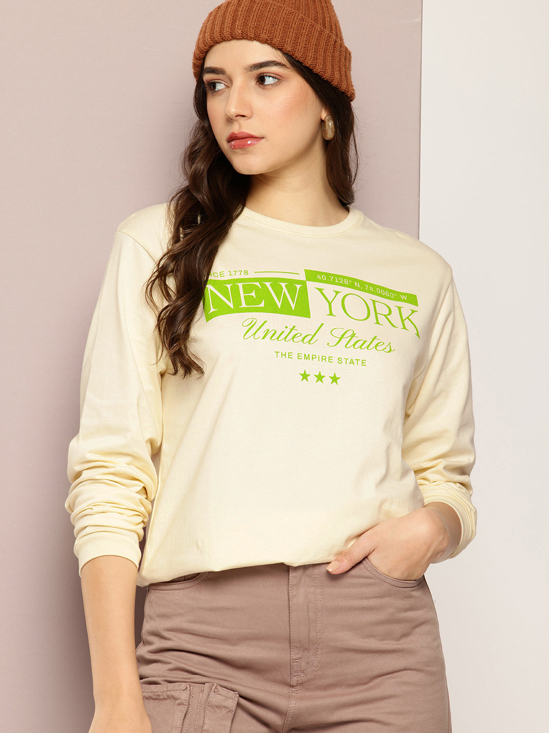 Womens Full Sleeve Round Neck Printed Oversized Fit Tshirts