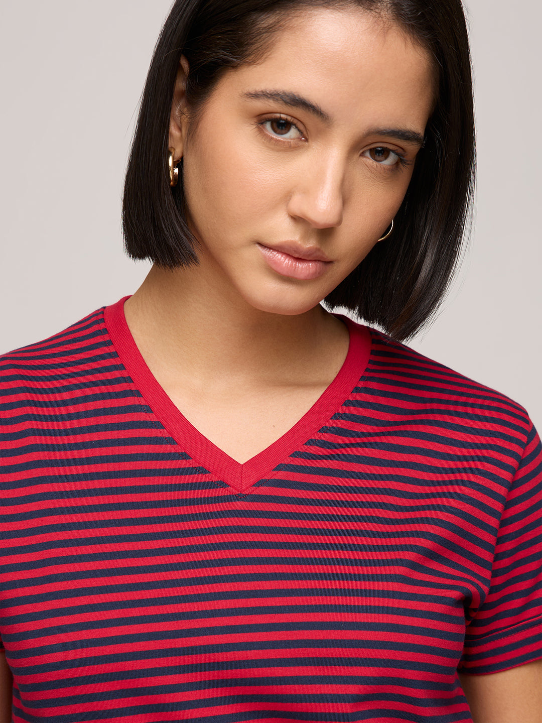 Womens Striped Regular Fit Cotton V-Neck T-Shirt