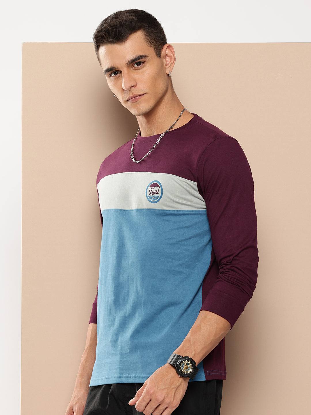 Mens Full Sleeve Round Neck Colourblocked Regular Fit Tshirts