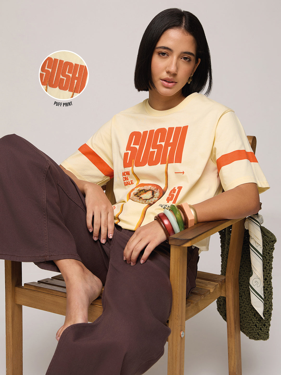 Womens Puff Printed Oversized Fit Cotton T-Shirt