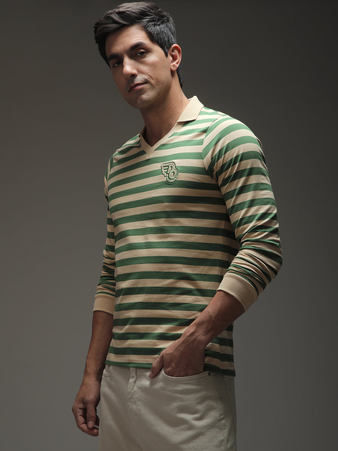 Mens Full Sleeve Polo Neck Striped Regular Fit Tshirts