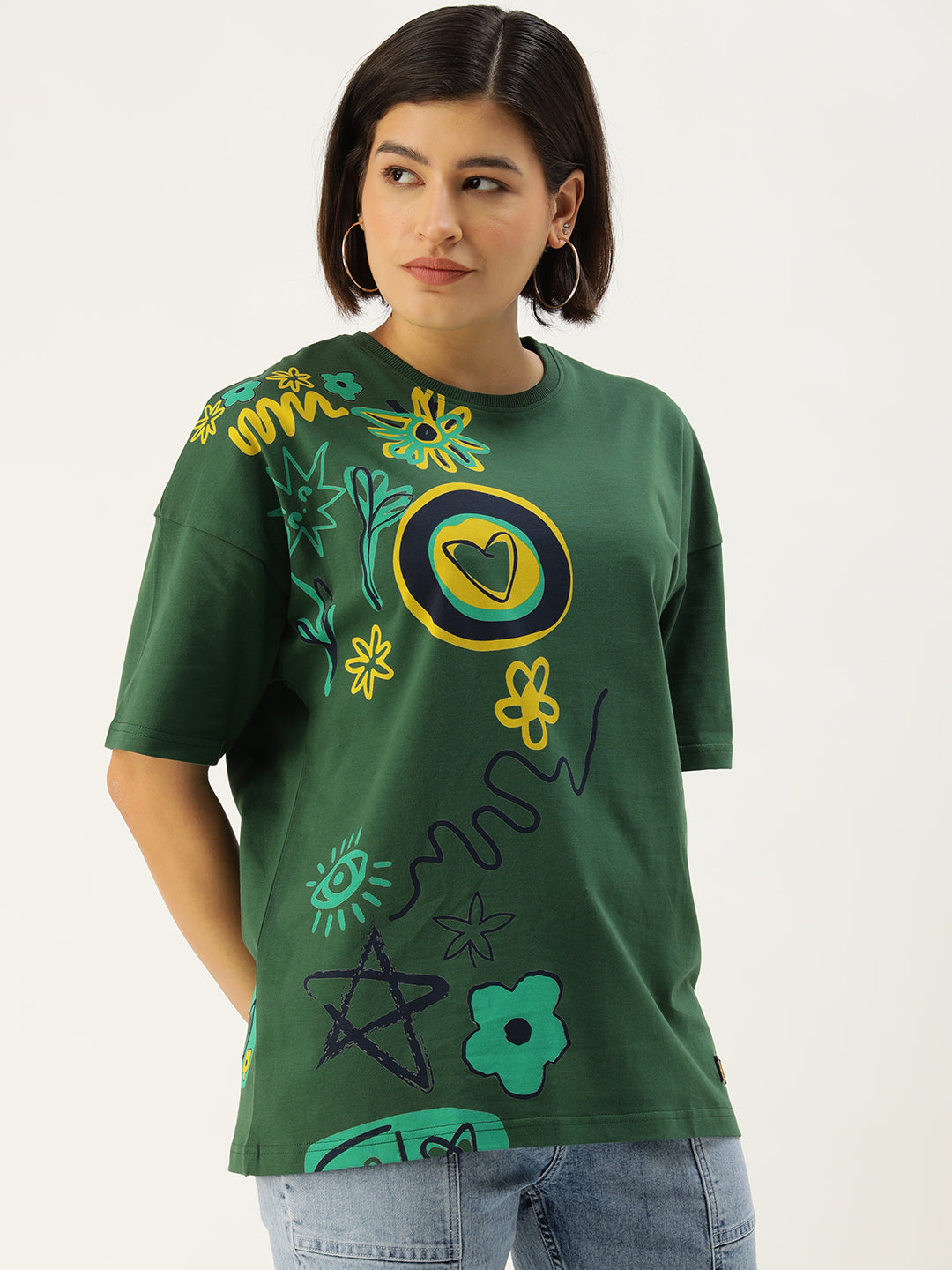 Womens Half Sleeve Drop Shoulder Printed Oversized Fit T-Shirts