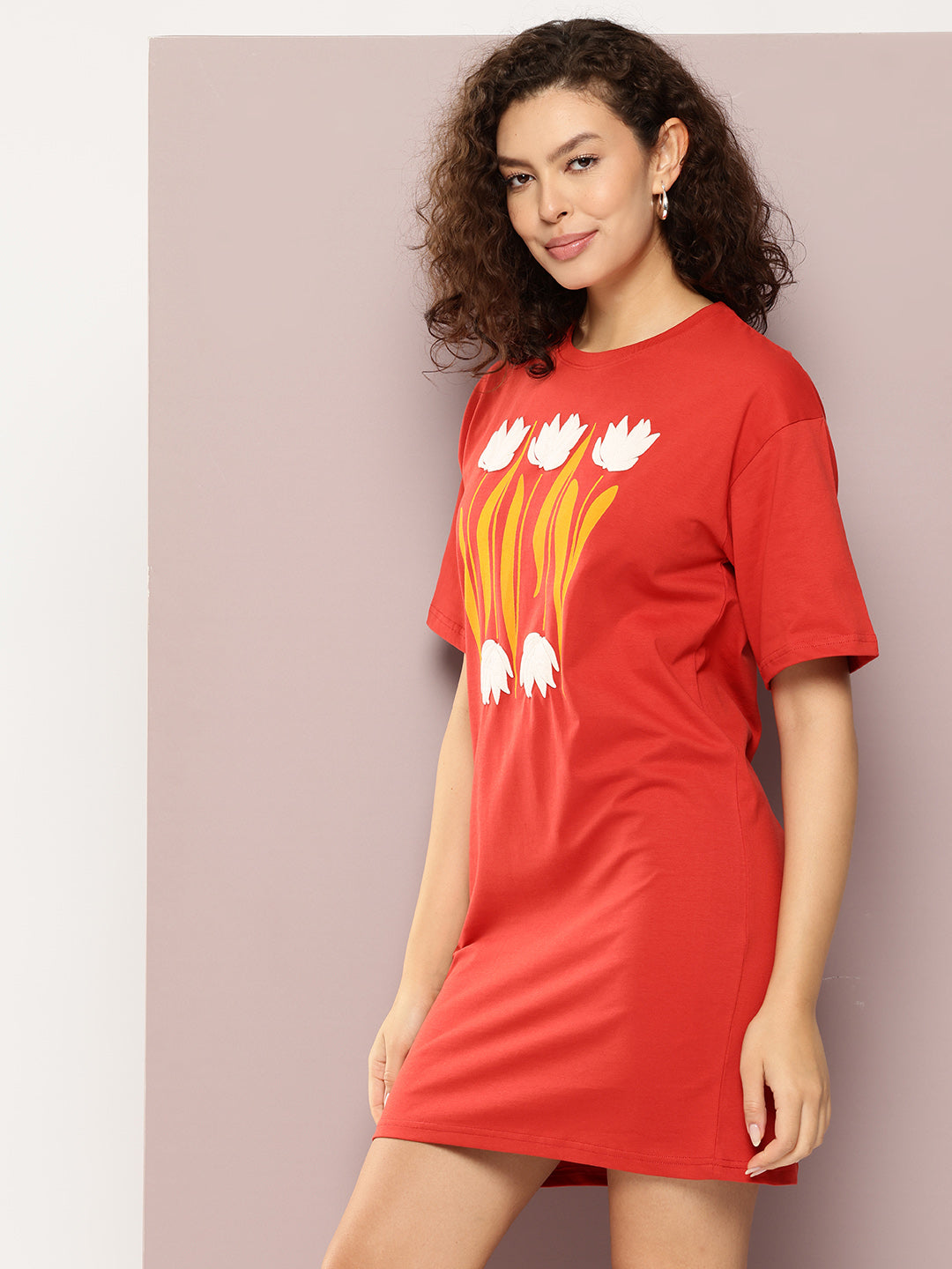 Womens Oversized Short Sleeves Printed Tshirt Dress