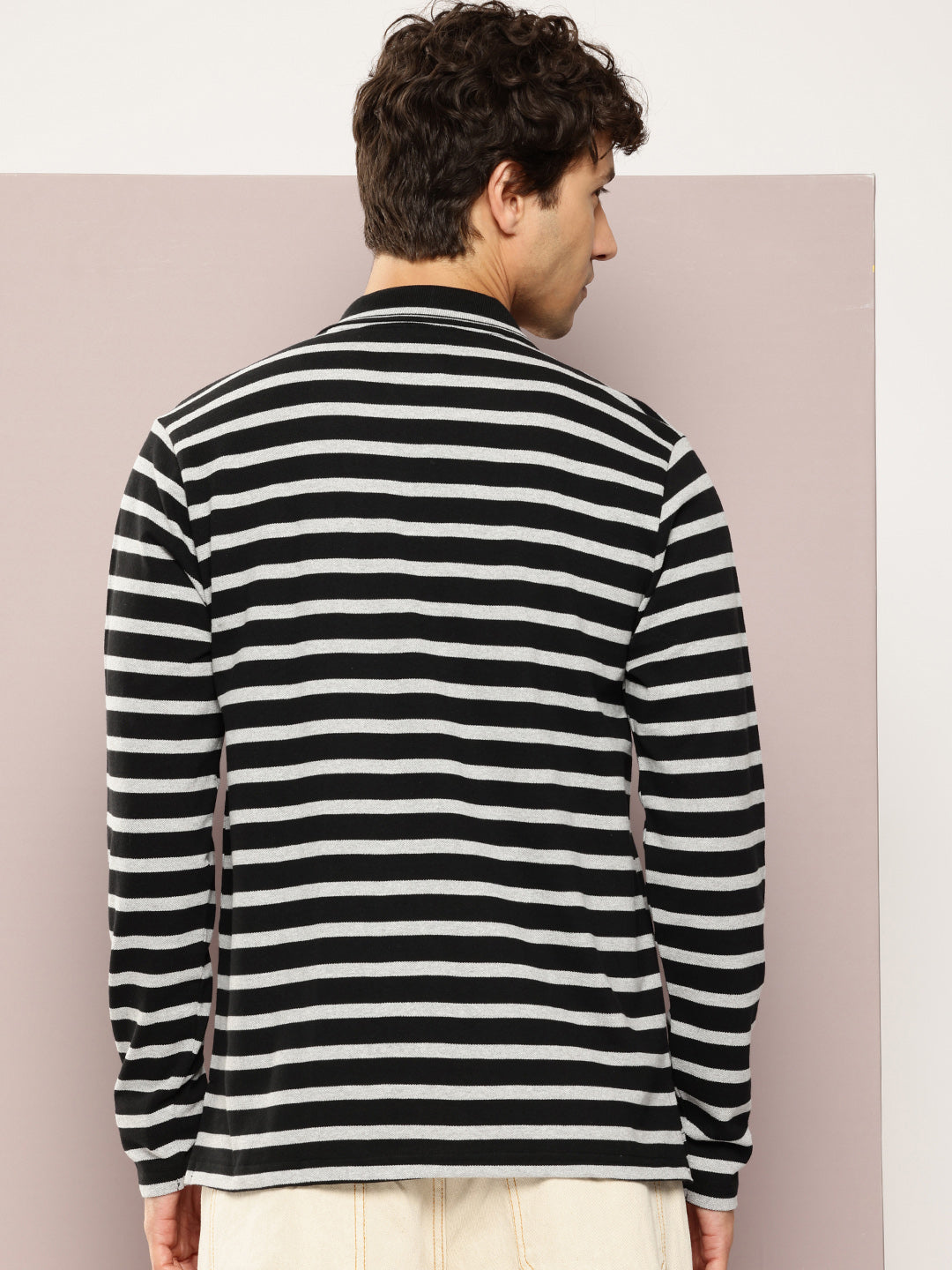 Mens Full Sleeve Polo Neck All-Over Striped Regular Fit Tshirts