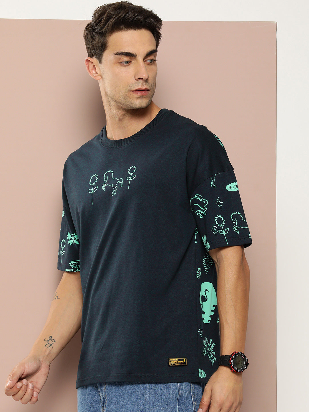 Mens Half Sleeve Drop Shoulder Printed Oversized Fit T-Shirts