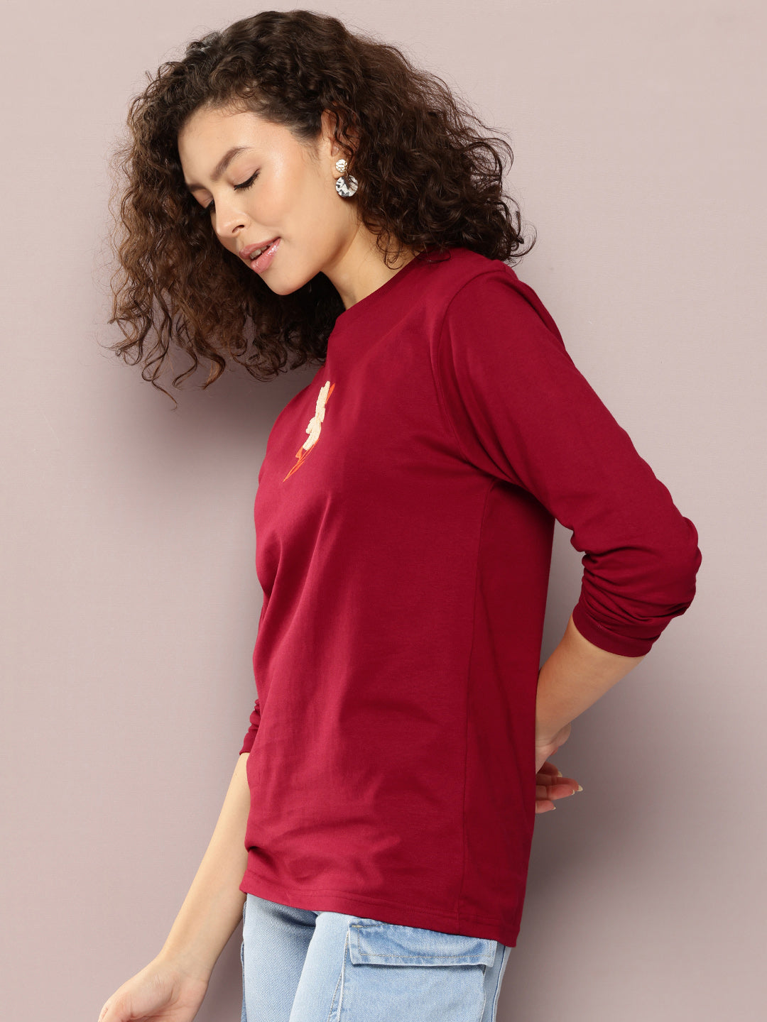 Womens Full Sleeve Round Neck Embroidered Oversized Fit Tshirts