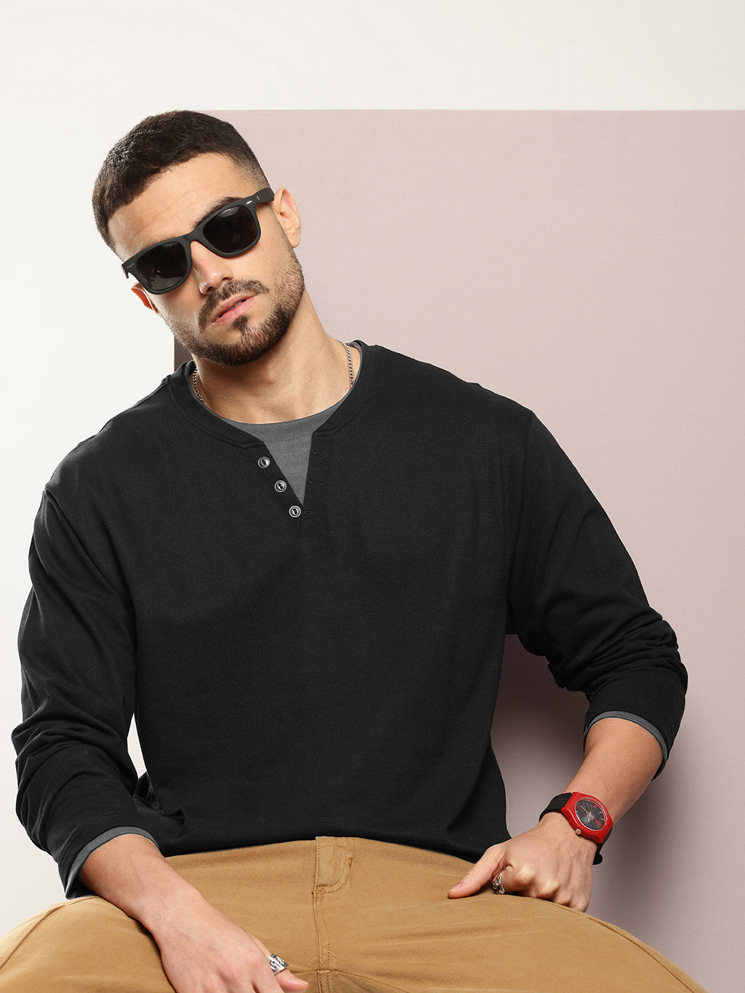 Mens Full Sleeve V-Neck Solid Oversized Fit Tshirts