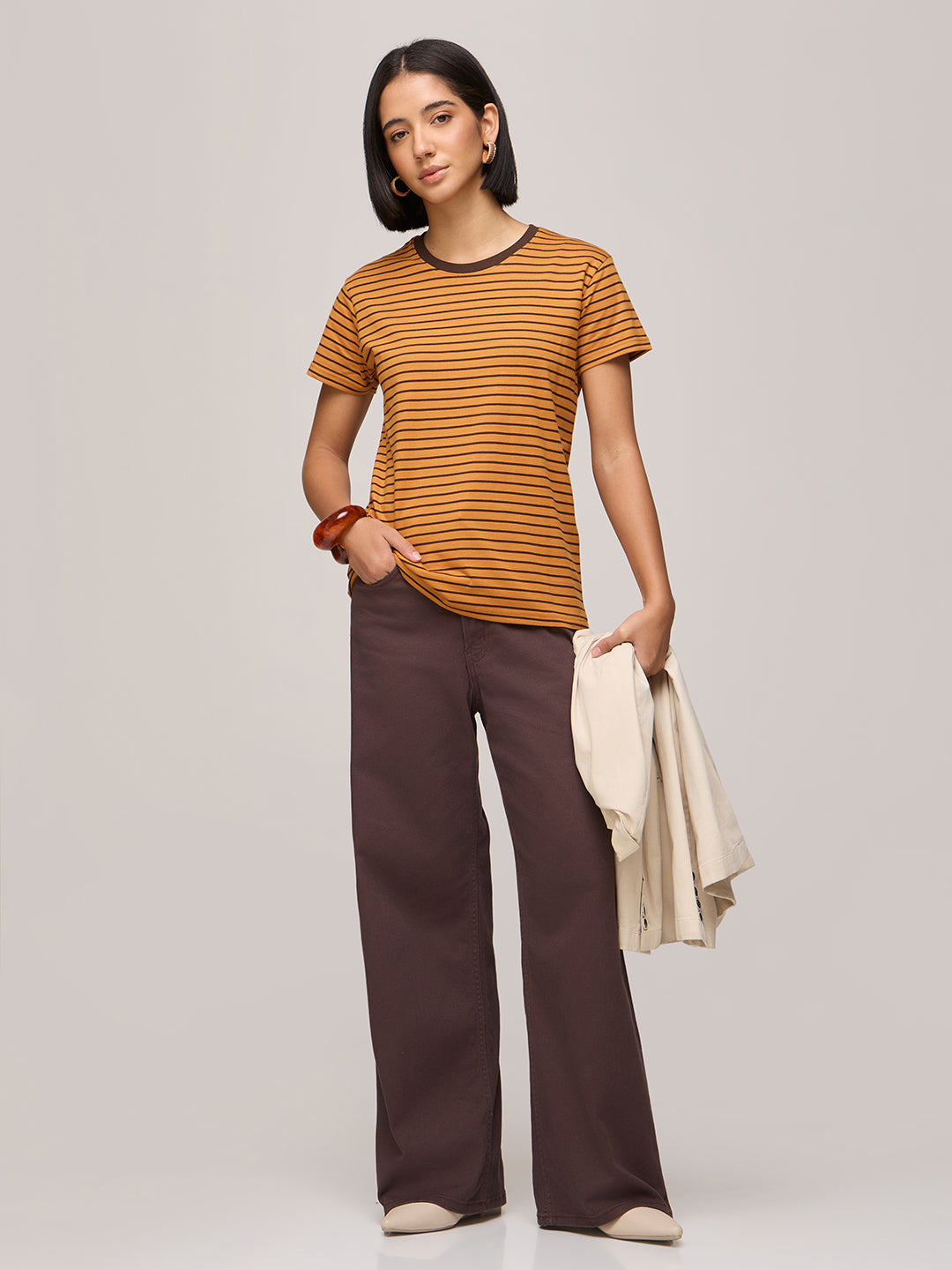 Womens Striped Regular Fit Cotton T-Shirt