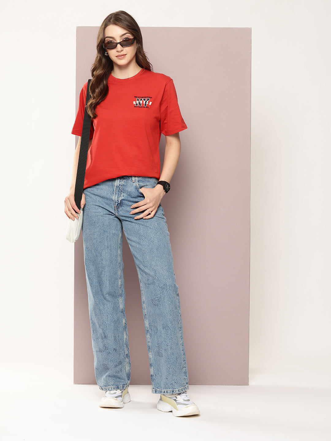 Womens Half Sleeve Round Neck Embroidered Oversized Fit Tshirts