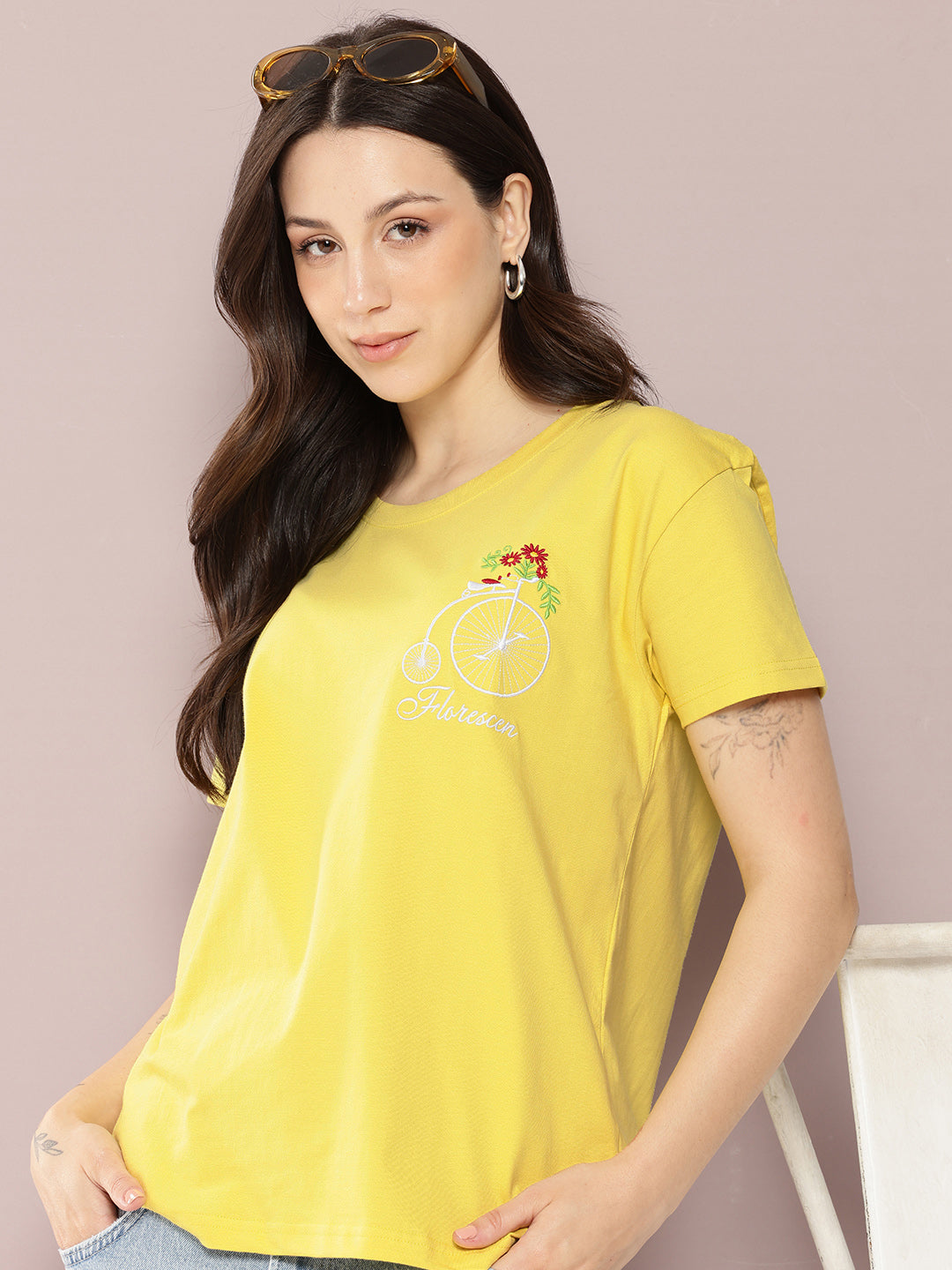 Womens Half Sleeve Round Neck Embroidered Boxy Fit Tshirts