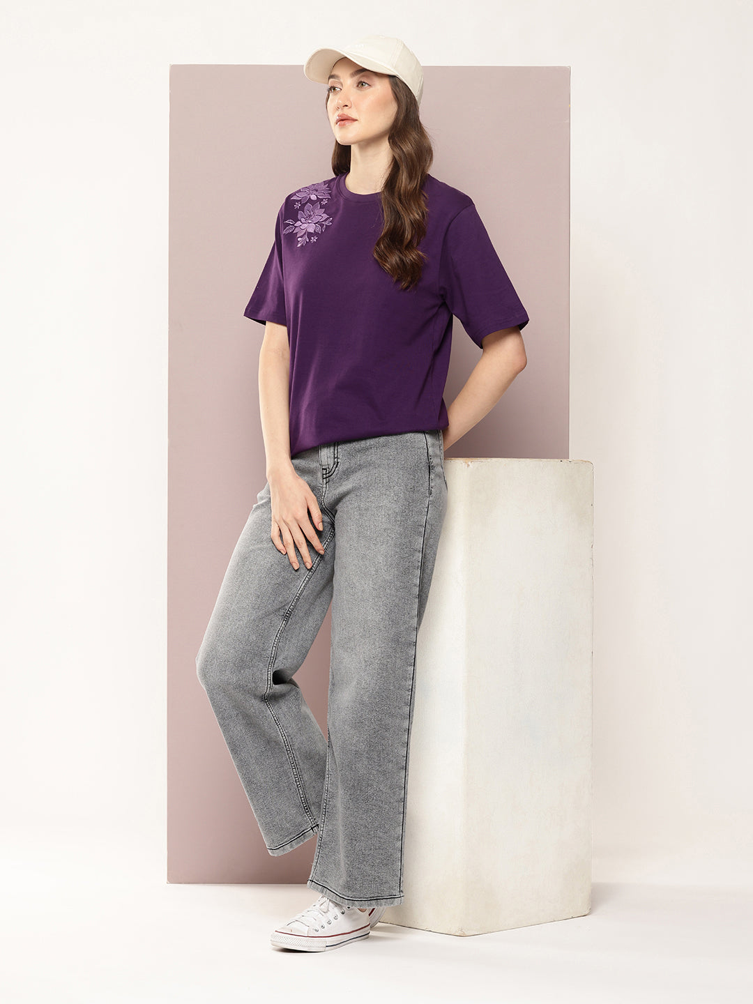Womens Half Sleeve Round Neck Embroidered Oversized Fit Tshirts