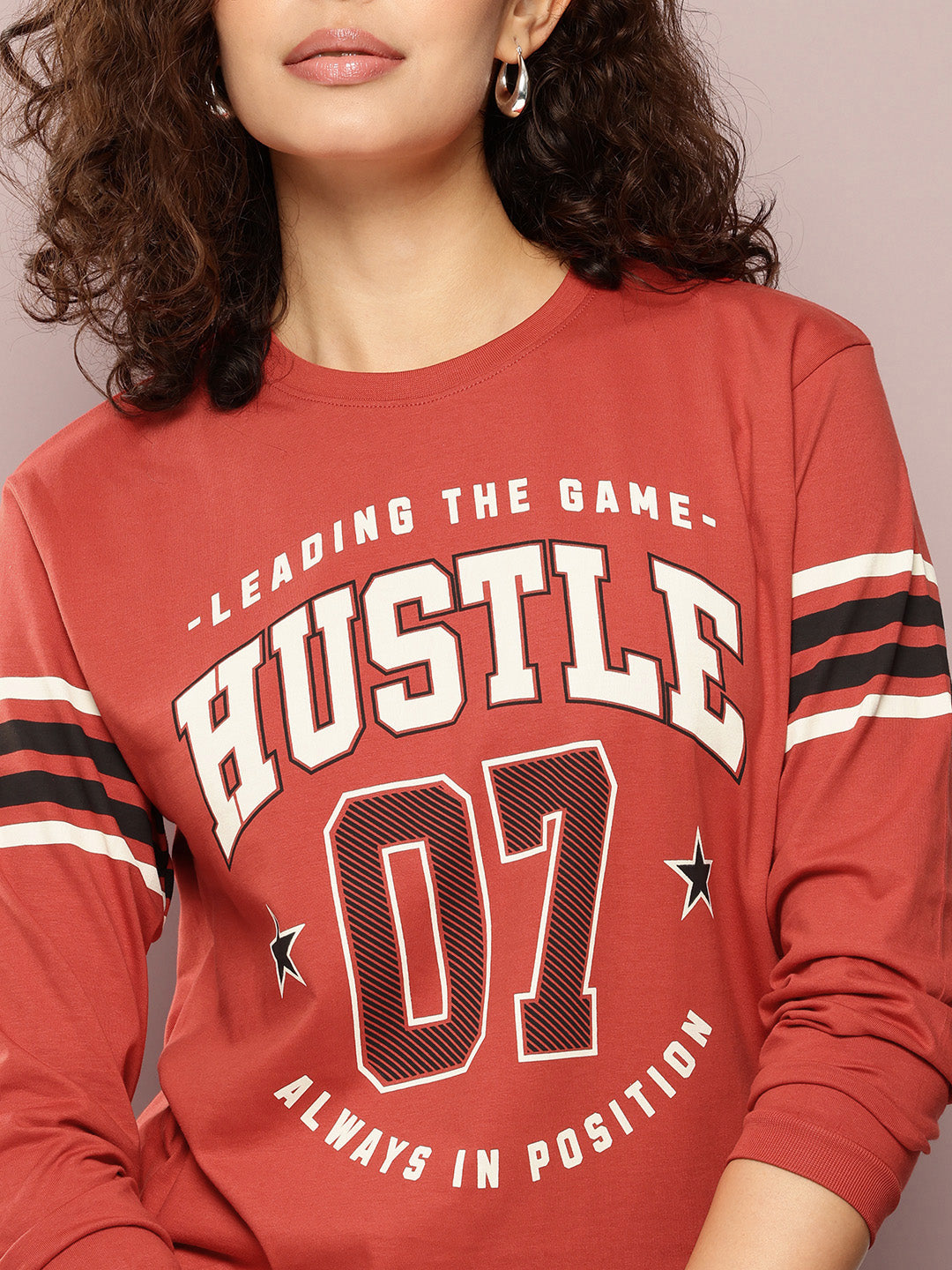 Womens Full Sleeve Round Neck Printed Oversized Fit Tshirts