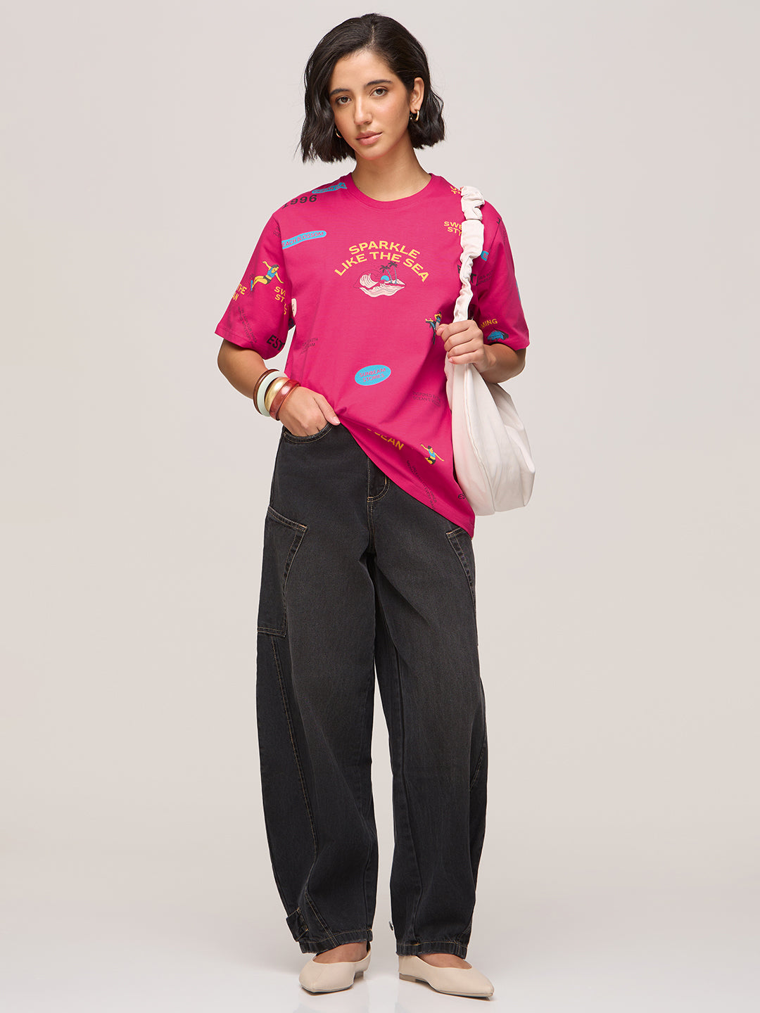 Womens Printed Oversized Fit Cotton T-Shirt
