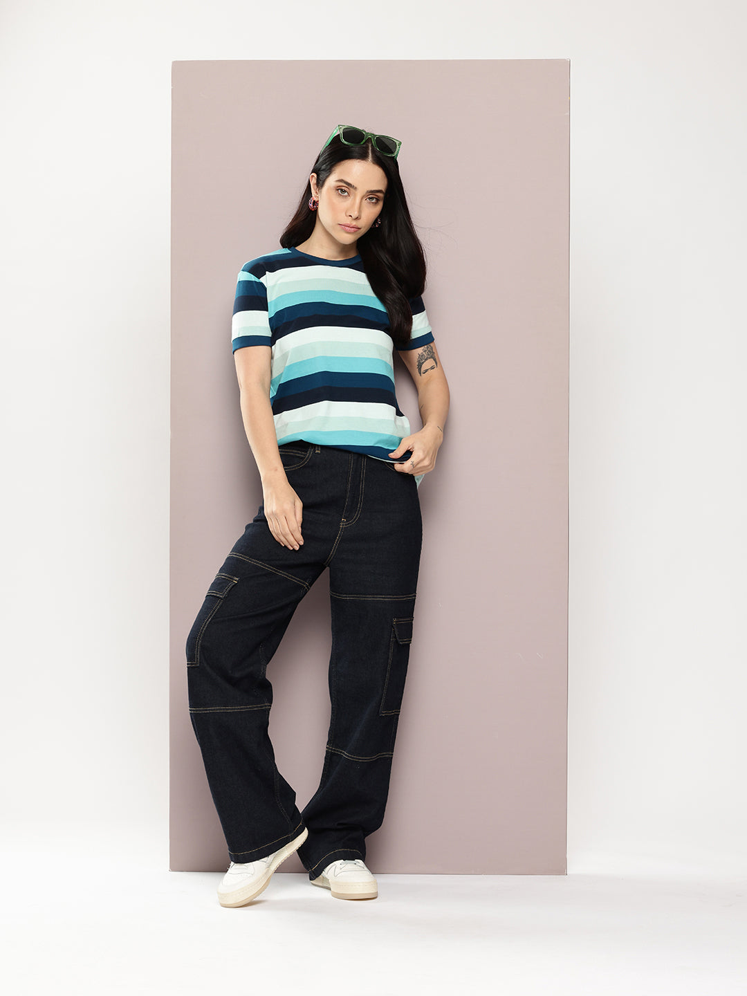 Womens Half Sleeve Round Neck All-Over Striped Regular Fit Tshirts