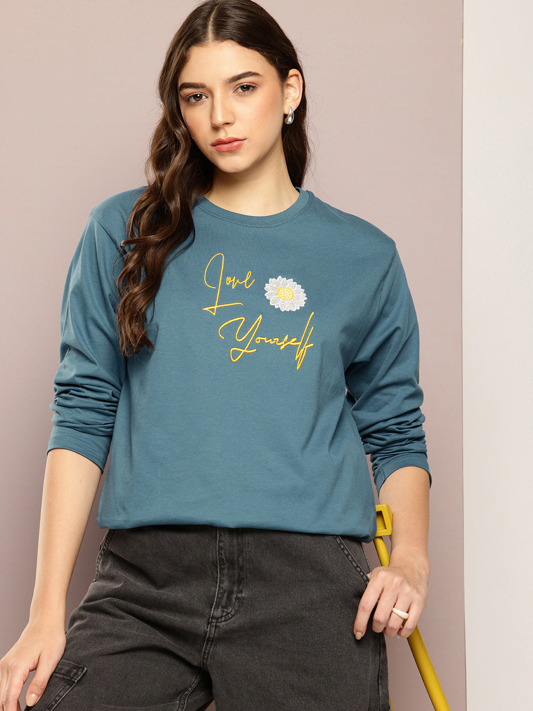 Womens Full Sleeve Round Neck Printed Oversized Fit Tshirts