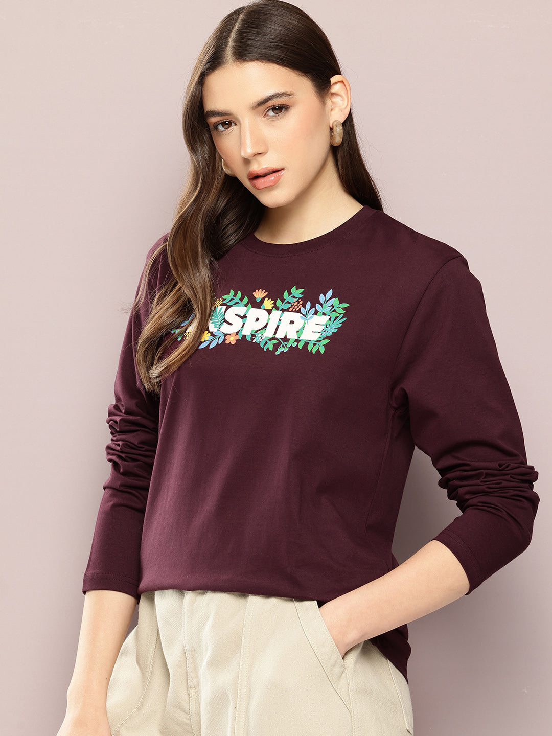 Womens Full Sleeve Round Neck Printed Oversized Fit Tshirts