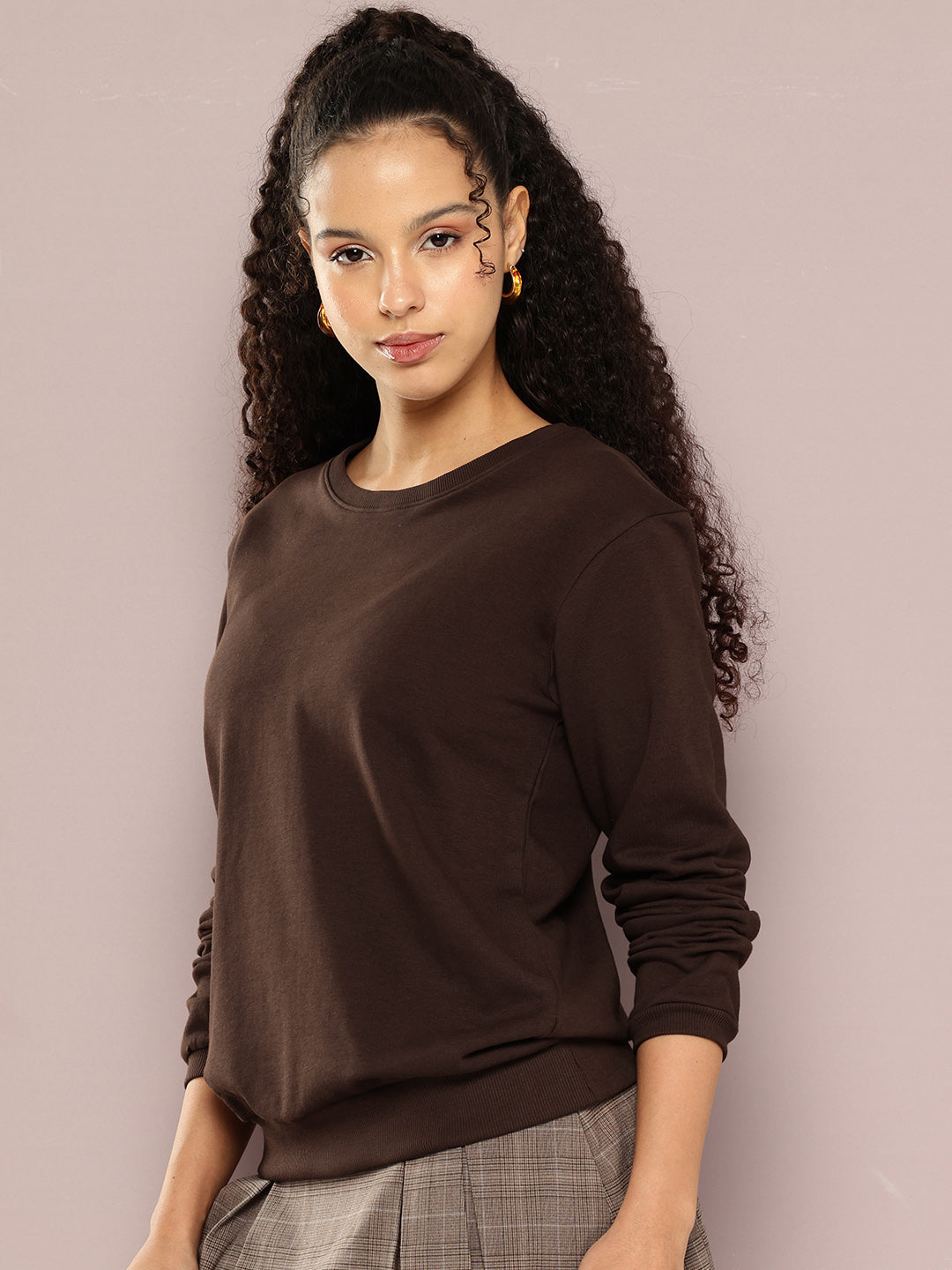 Womens Full Sleeve Round Neck Solid Relaxed Fit Tshirts