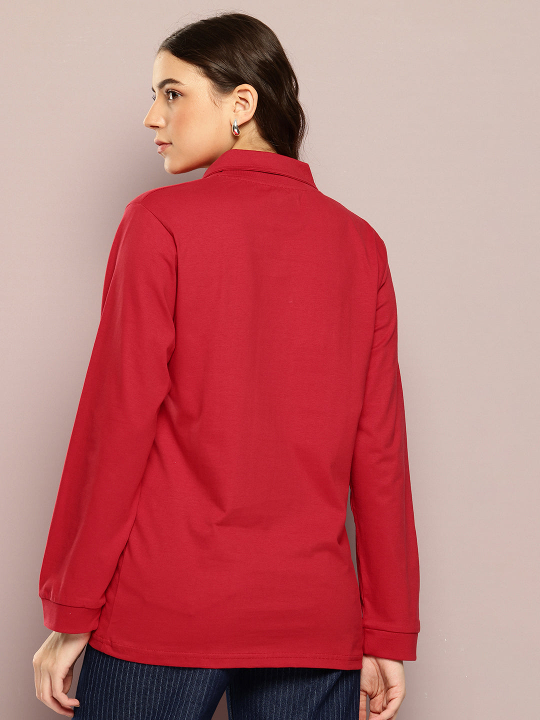 Womens Full Sleeve Polo Neck Printed Oversized Fit Tshirts
