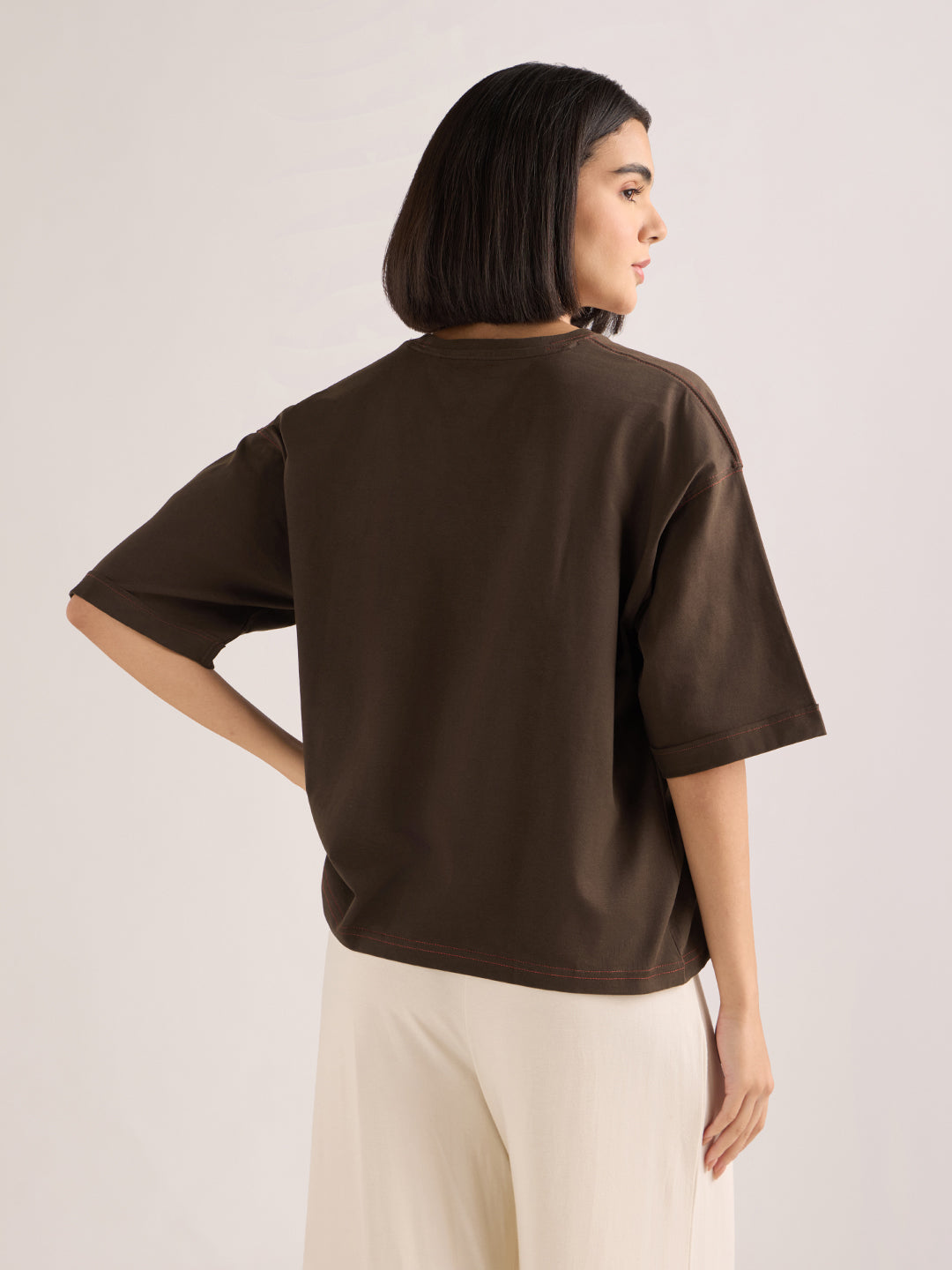 Womens Embroidery Boxy Regular Fit Cut & Sew Cotton Tshirt