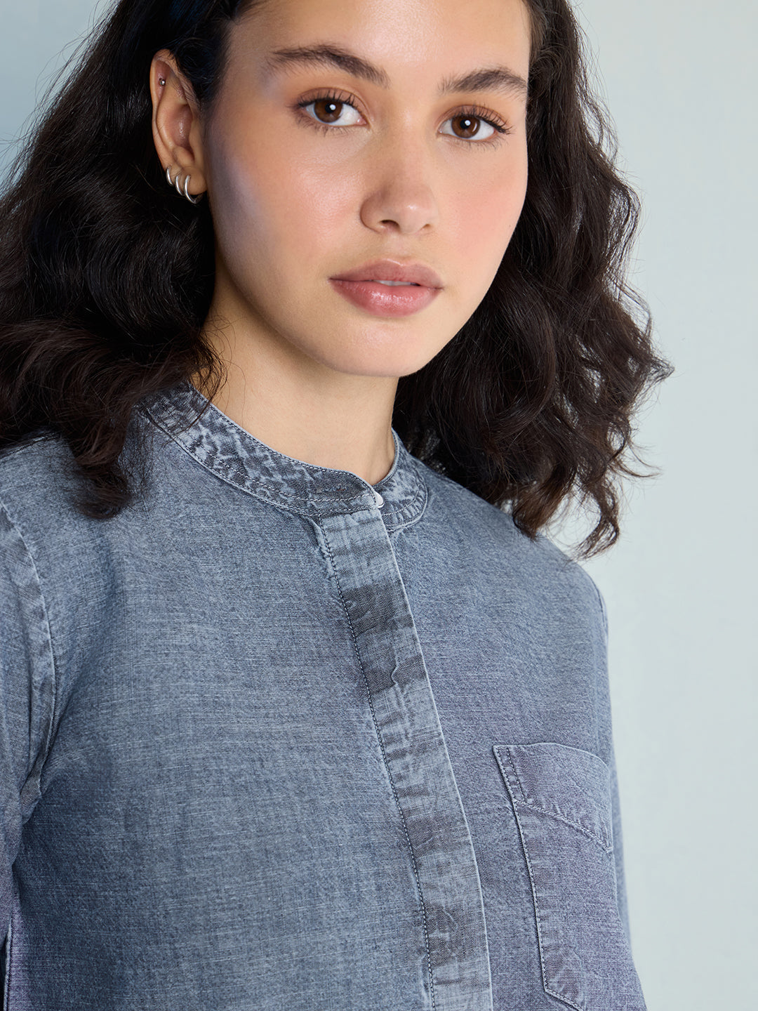 Womens Solid Oxy Bleached Boxy Regular Mandarin Collar Neck Denim Shirt