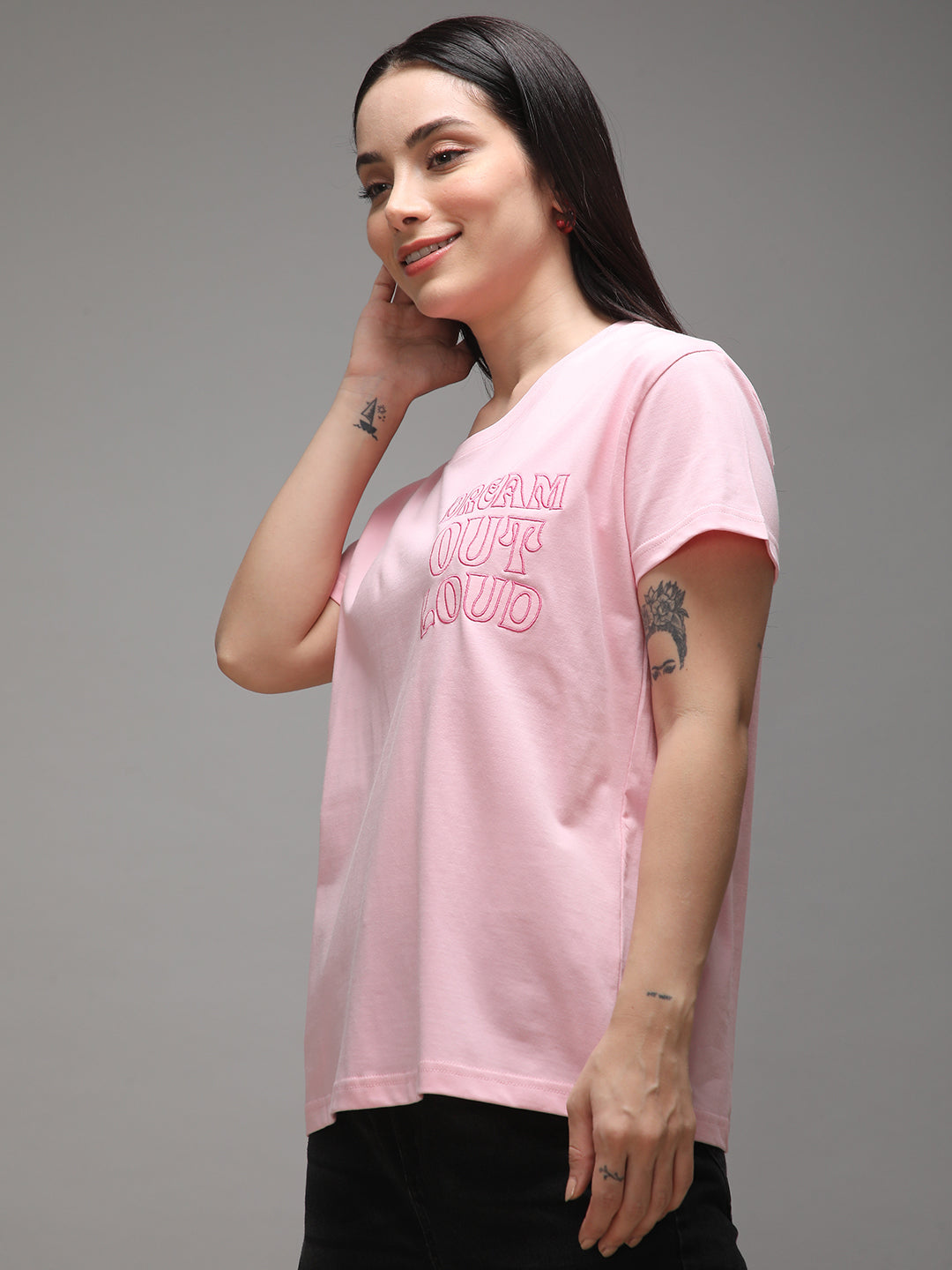 Womens Half Sleeve Round Neck Embroidery Boxy Fit Tshirts