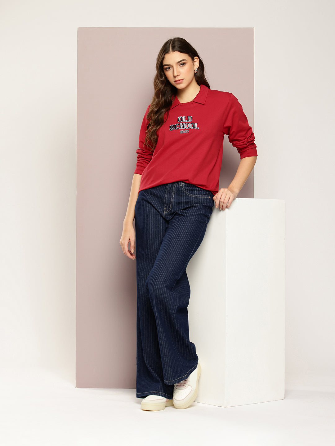 Womens Full Sleeve Polo Neck Printed Oversized Fit Tshirts