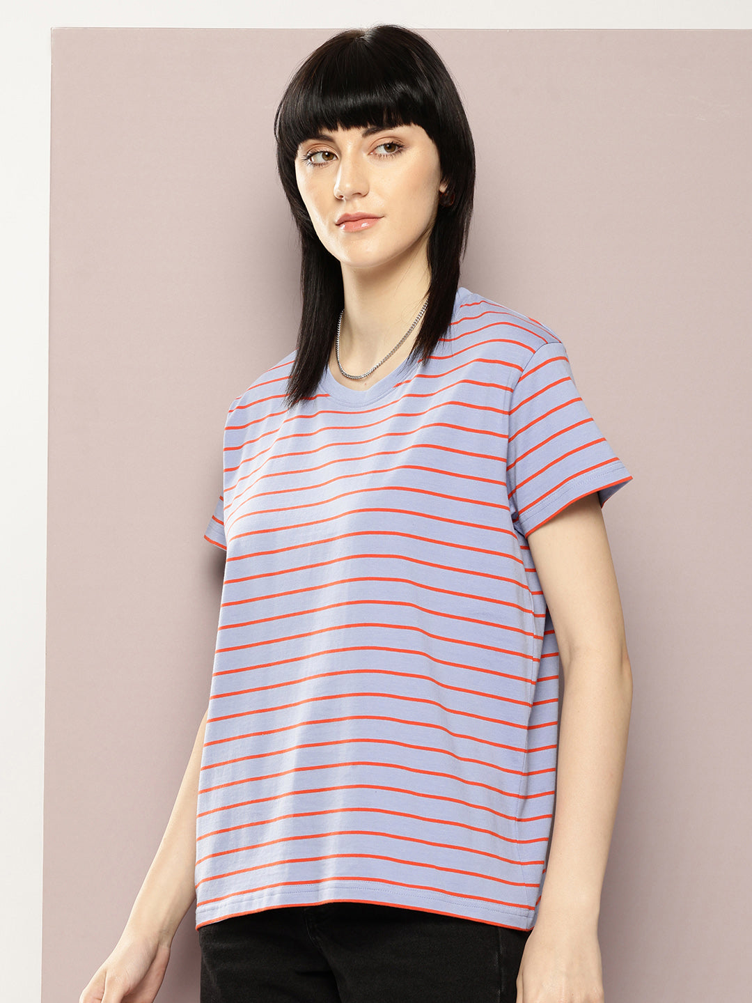Womens Half Sleeve Round Neck Striped Boxy Fit Tshirts