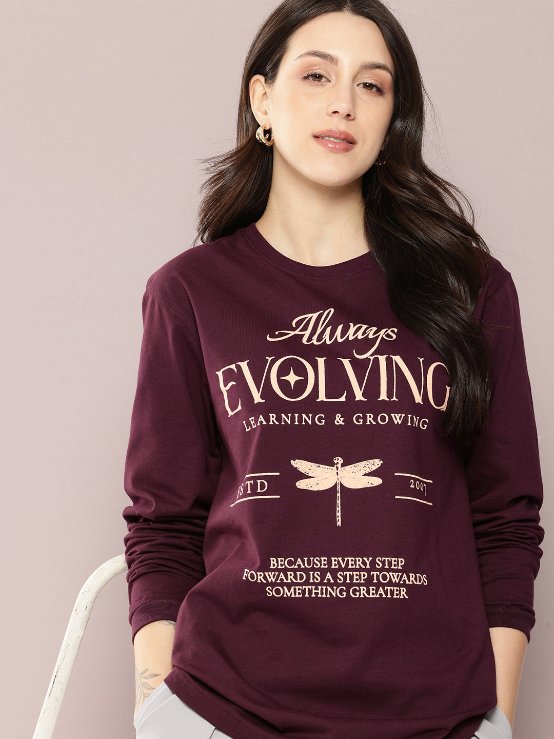 Womens Full Sleeve Round Neck Printed Oversized Fit Tshirts