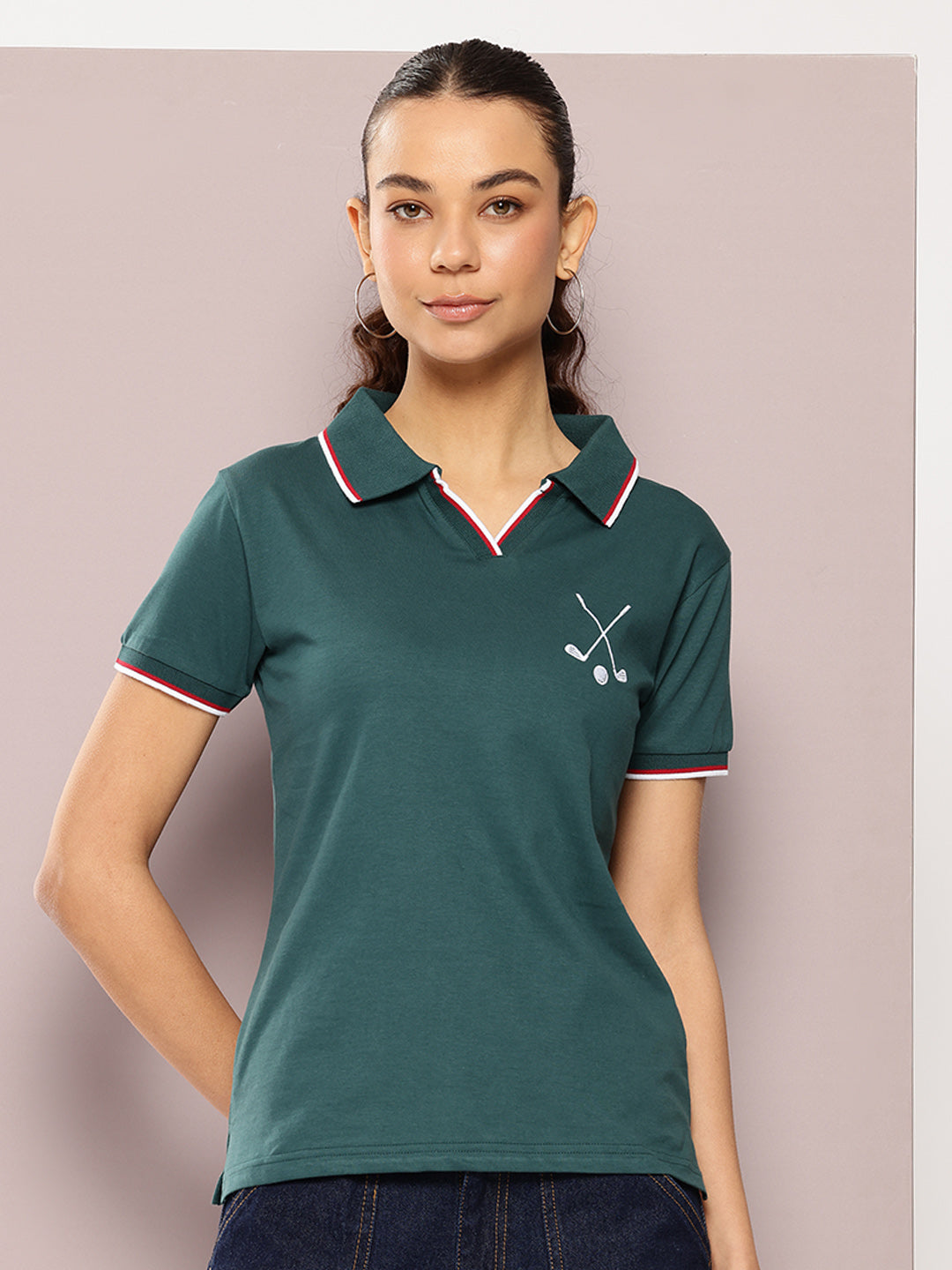 Womens Half Sleeve V-Neck Embroidered Regular Fit Tshirts