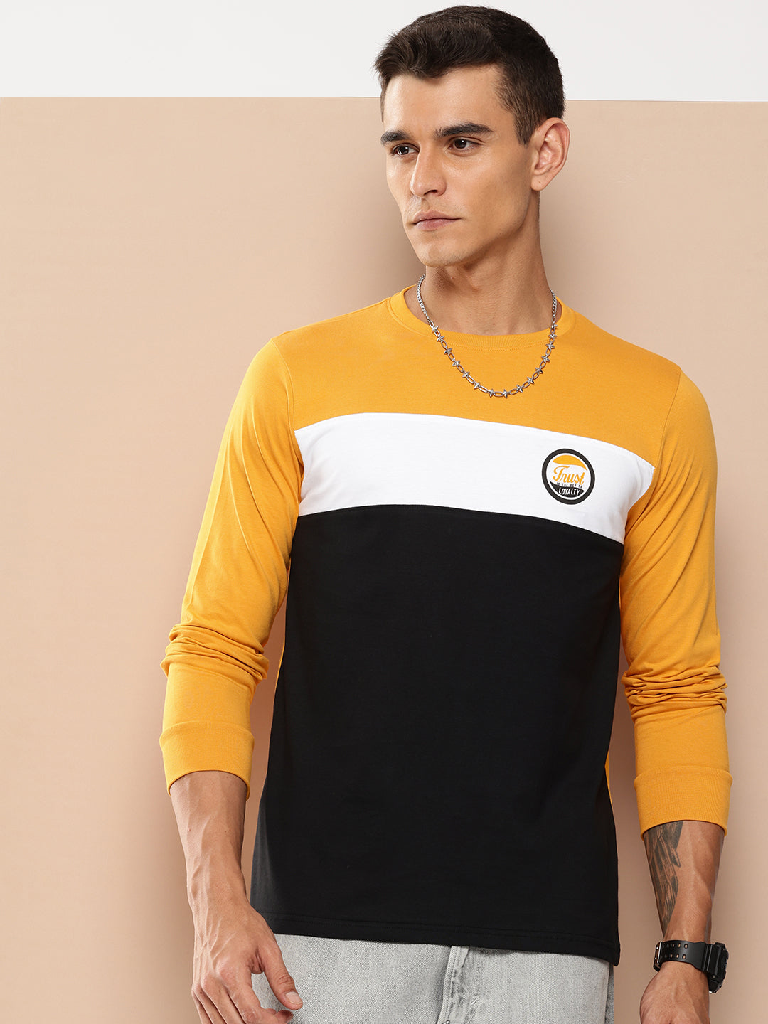 Mens Full Sleeve Round Neck Colourblocked Regular Fit Tshirts