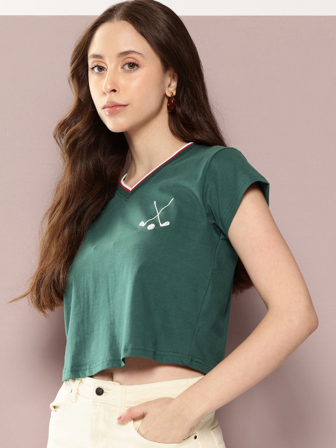 Womens Half Sleeve V-Neck Embroidered Regular Fit Tshirts