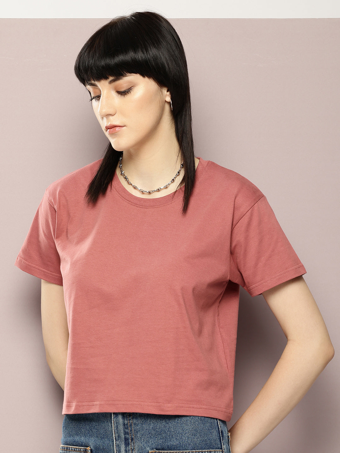 Womens Half Sleeve Round Neck Solid Boxy Fit Tshirts