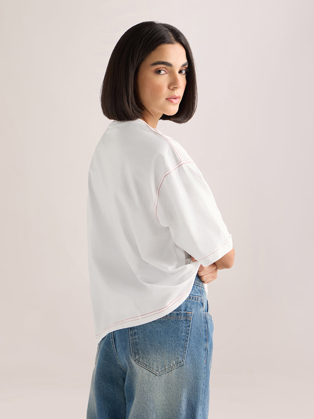 Womens Embroidery Boxy Regular Fit Cut & Sew Cotton Tshirt