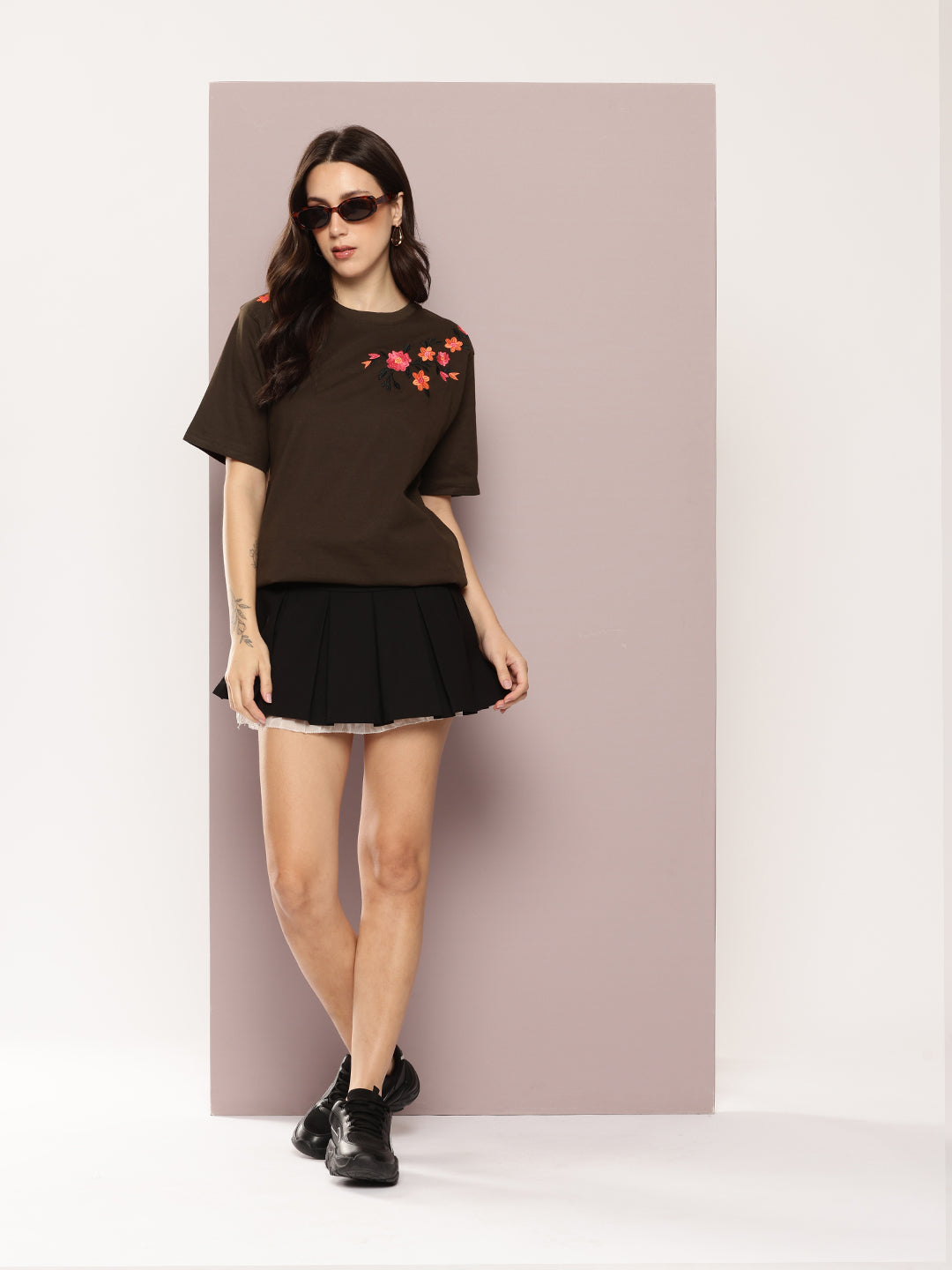 Womens Half Sleeve Round Neck Embroidered Oversized Fit Tshirts