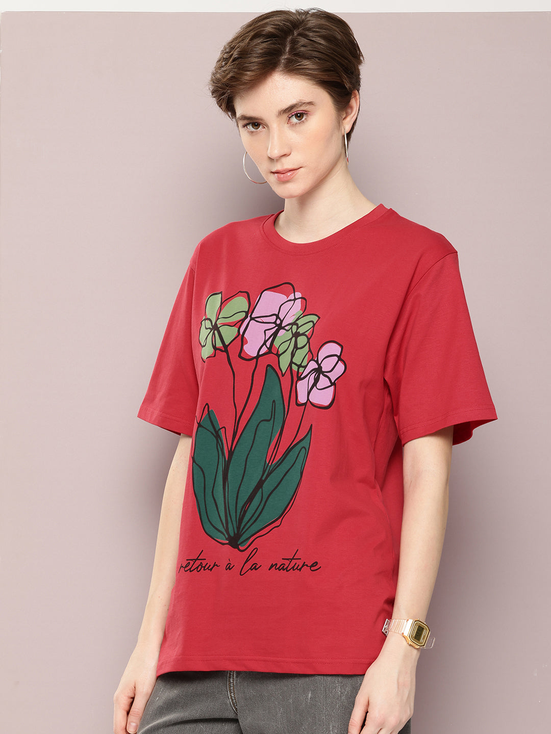 Womens Half Sleeve Round Neck Printed Oversized Fit Tshirts