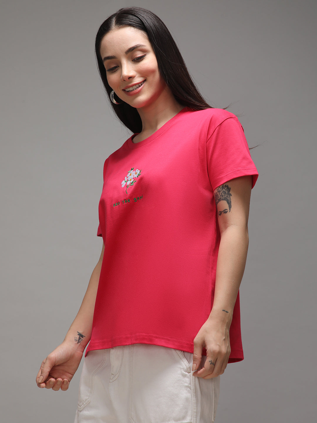 Womens Half Sleeve Round Neck Embroidery Boxy Fit Tshirts
