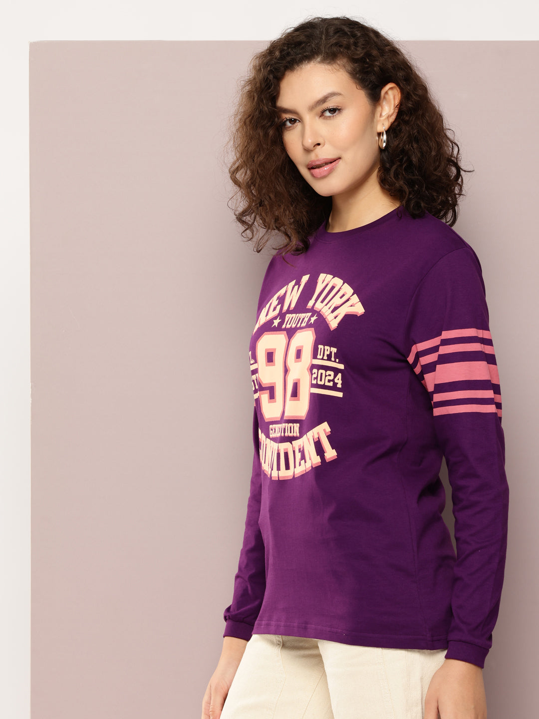 Womens Full Sleeve Round Neck Printed Oversized Fit Tshirts
