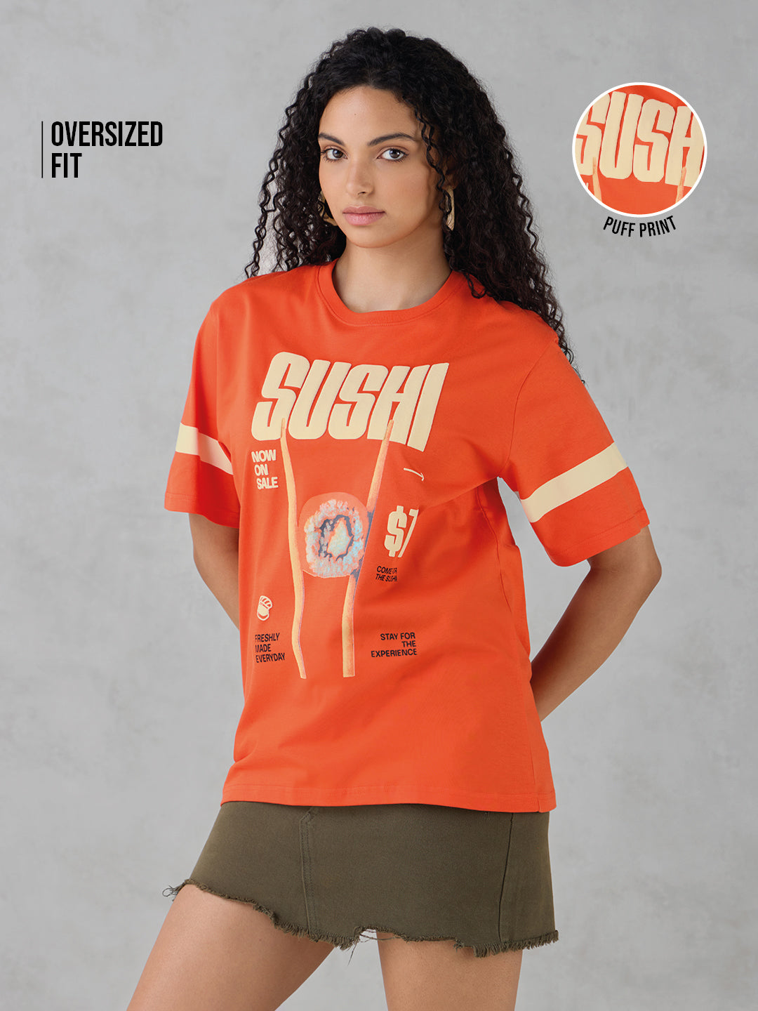 Womens Half Sleeve Puff Printed Oversized Fit Tshirt