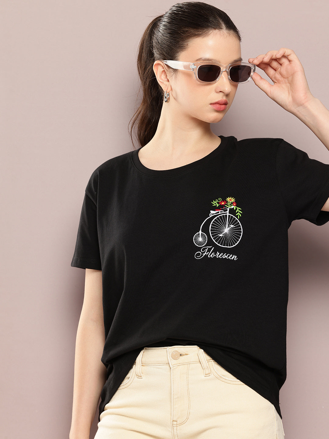 Womens Half Sleeve Round Neck Embroidery Boxy Fit Tshirts