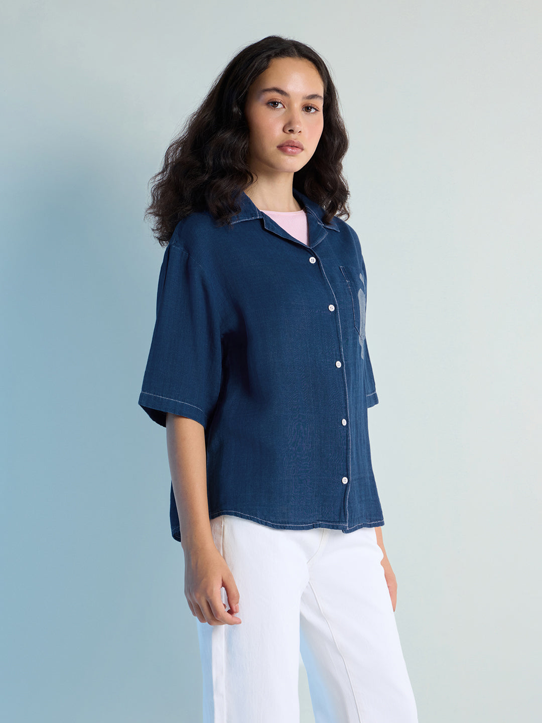 Womens Laser Printed Boxy Regular Cuban Collar Neck Denim Shirt
