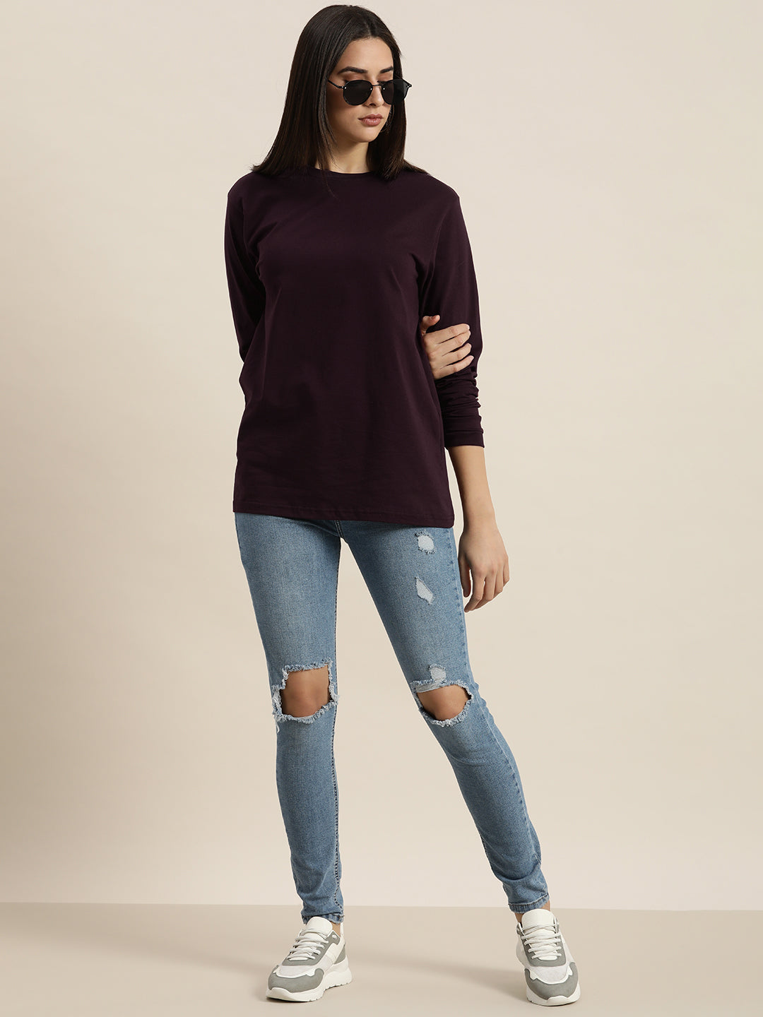 Womens Full Sleeve Round Neck Oversized Fit T-Shirts