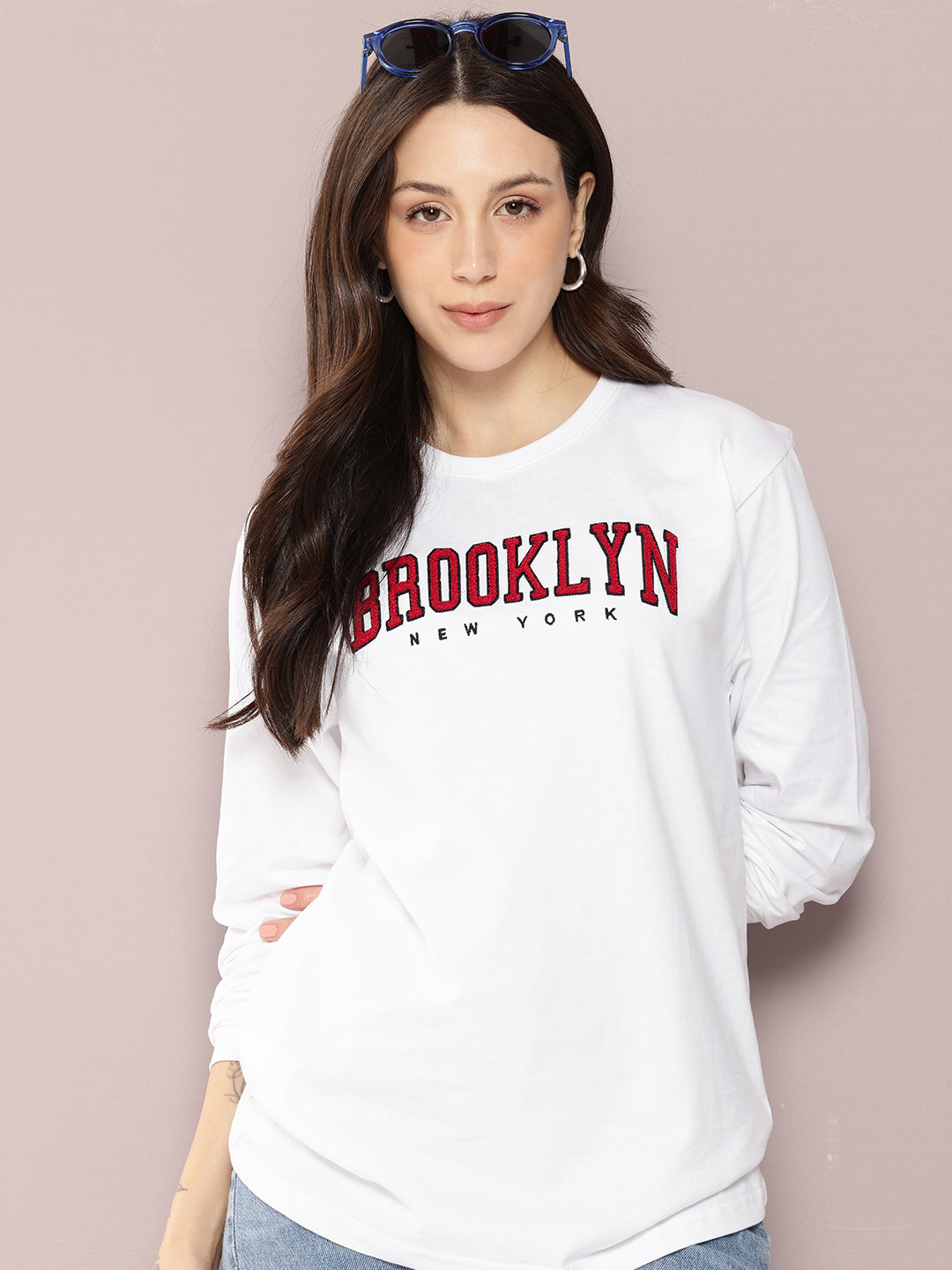 Womens Full Sleeve Round Neck Embroidered Oversized Fit Tshirts