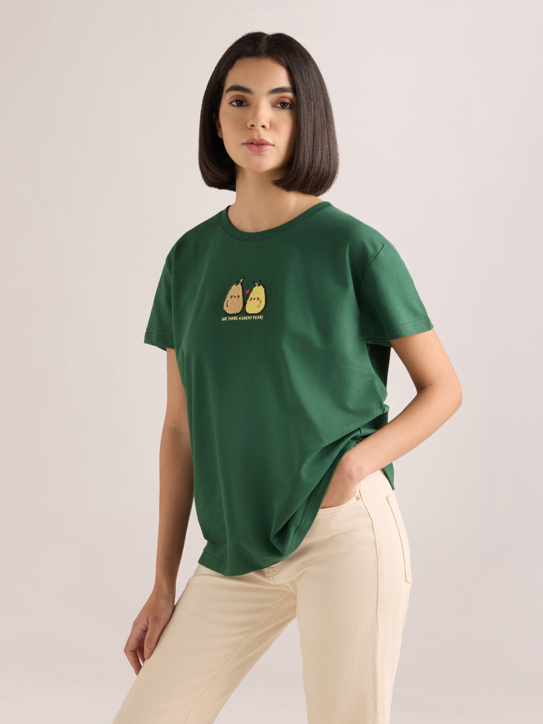 Womens Embroidery Boxy Regular Fit French Terry Cotton Tshirt