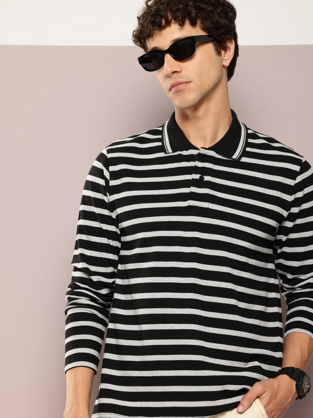 Mens Full Sleeve Polo Neck All-Over Striped Regular Fit Tshirts