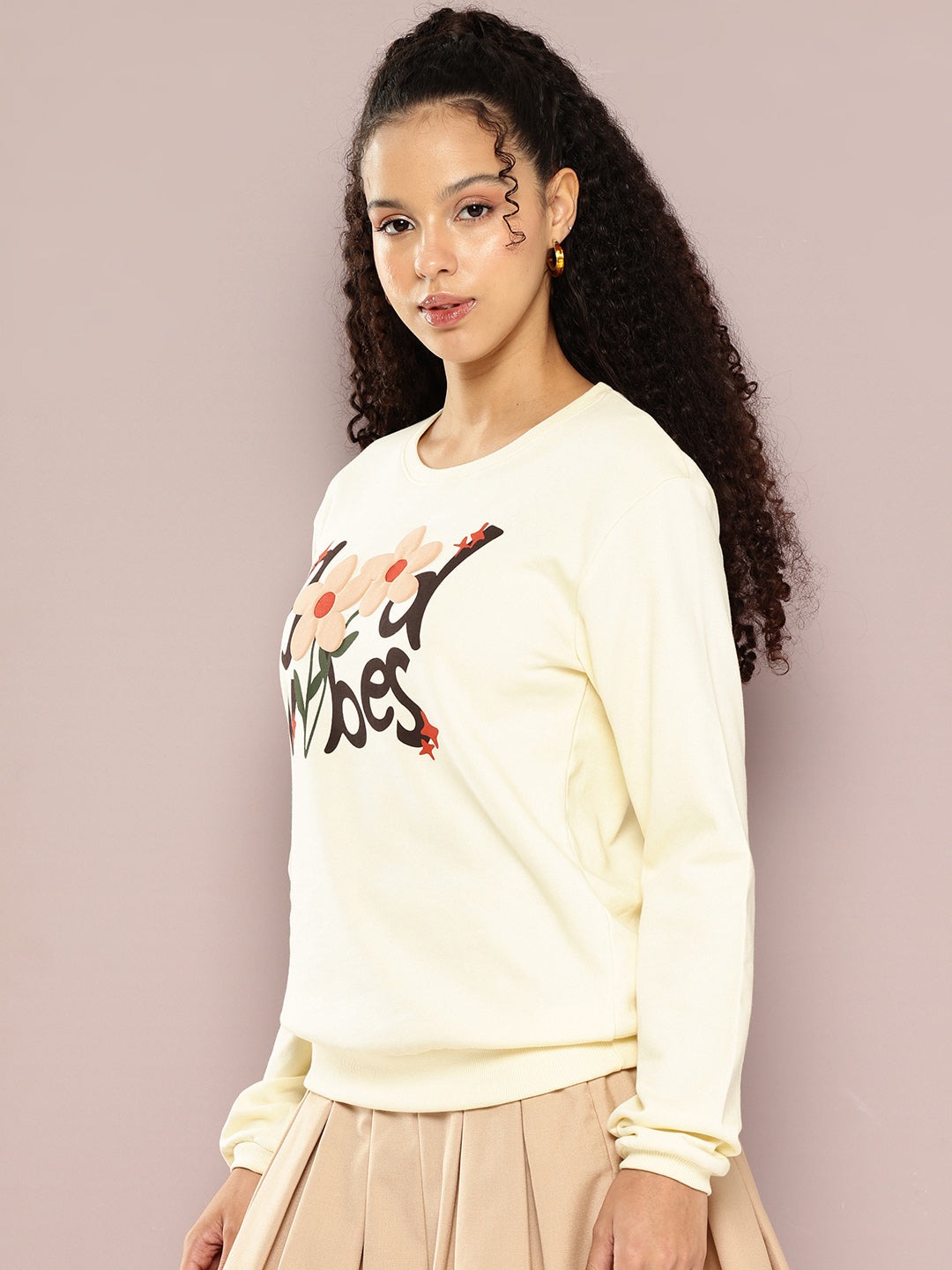Womens Full Sleeve Round Neck Embellished Relaxed Fit Tshirts